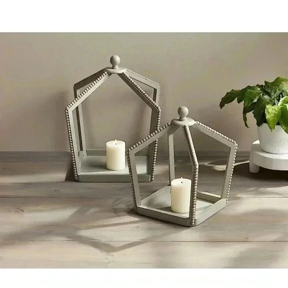 NWT MUD PIE Gray Beaded Lantern Set | Mango Wood - Picture 1 of 4